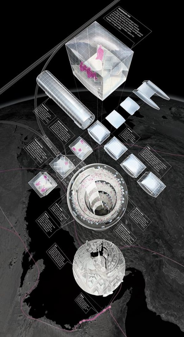 Terminal Hyperloop One system, imaginada con su colaborador BIG - Bjarke Ingels Group.