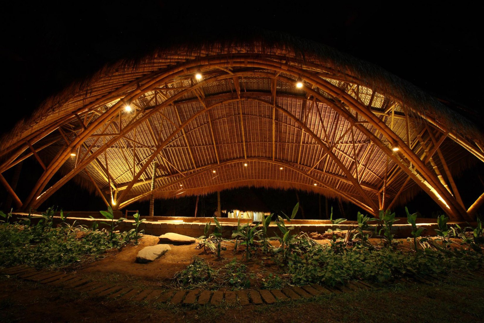 Night exterior view. Photograph © Courtesy of IBUKU