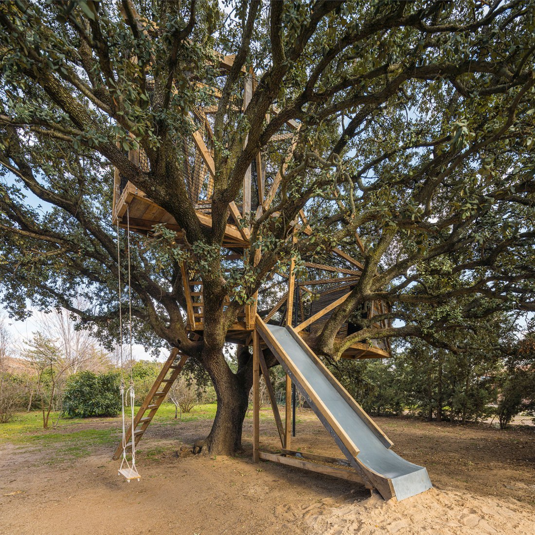 Tree house in an oak by Ignacio Borrego. Photograph by Imagen Subliminal.