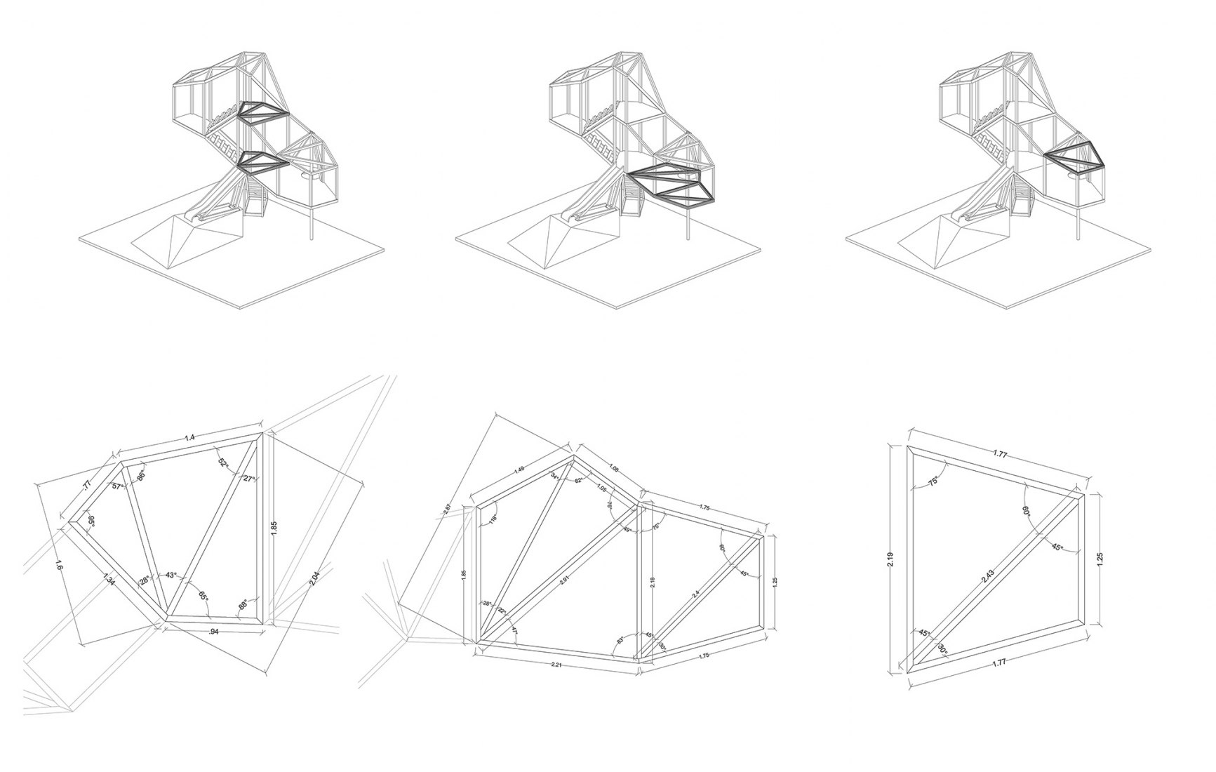 Detail and axonometry. Tree house in an oak by Ignacio Borrego.