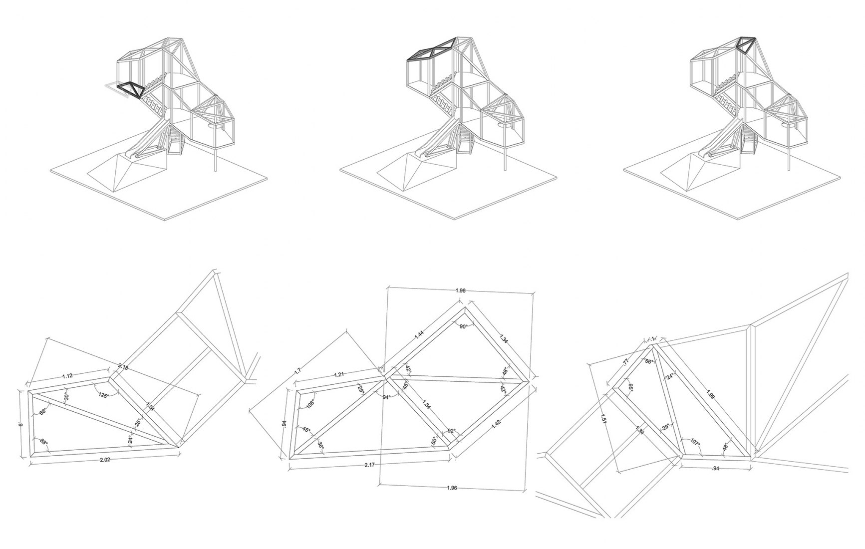 Detail and axonometry. Tree house in an oak by Ignacio Borrego.