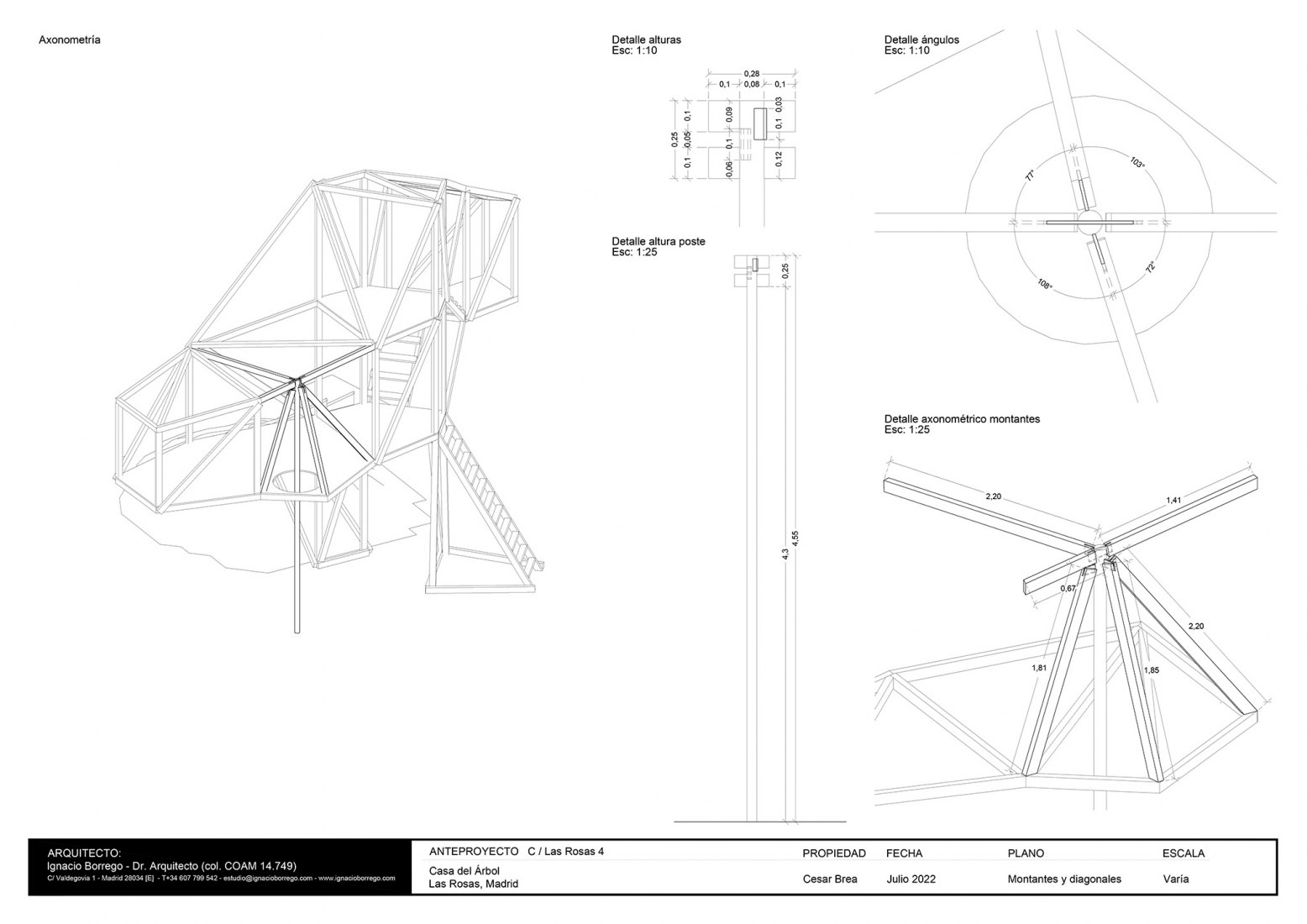 Detail and axonometry. Tree house in an oak by Ignacio Borrego.