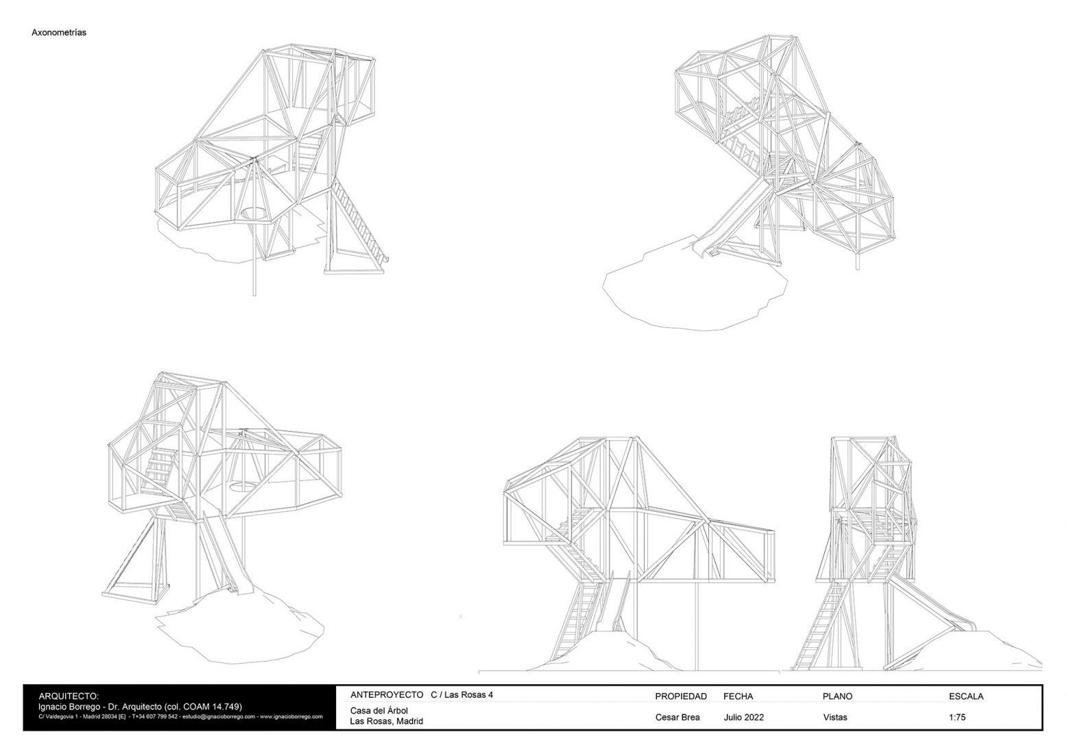 Axonometry. Tree house in an oak by Ignacio Borrego.