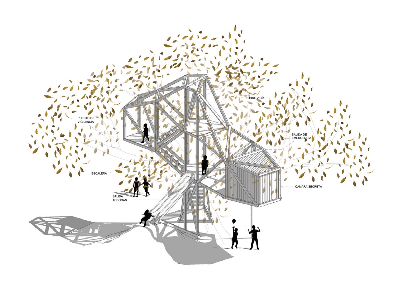 Axonometry. Tree house in an oak by Ignacio Borrego.
