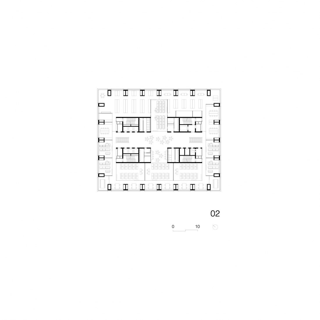 Planta segunda. Edificio de investigación Biozentrum de la Universidad de Basel por Ilg Santer Architekten.