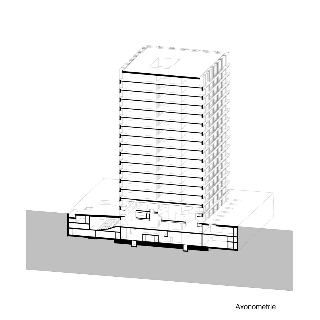 Sección en axonométrica. Edificio de investigación Biozentrum de la Universidad de Basel por Ilg Santer Architekten.
