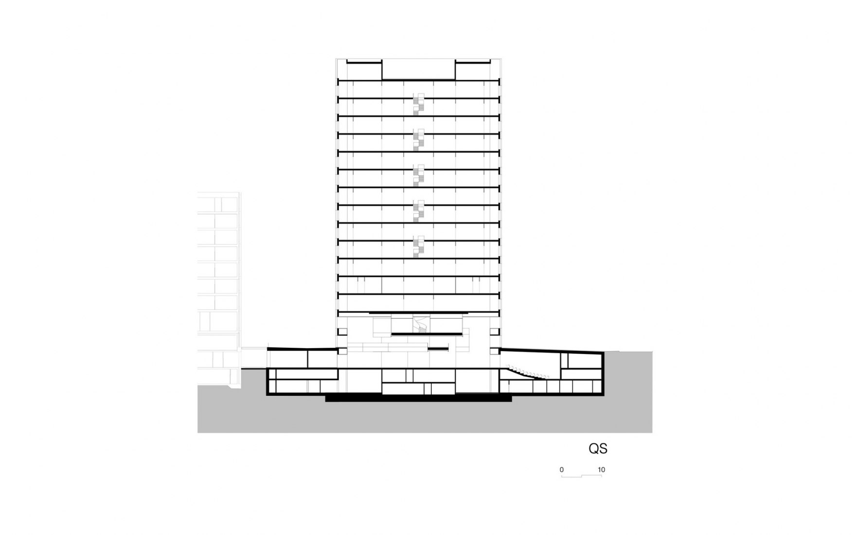 Sección. Edificio de investigación Biozentrum de la Universidad de Basel por Ilg Santer Architekten.