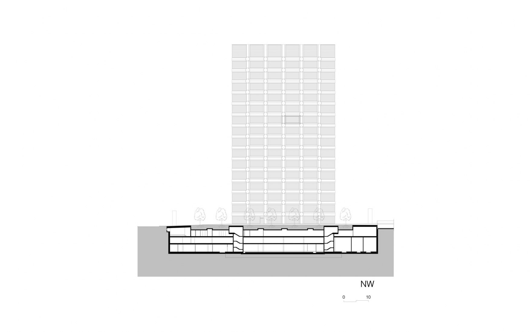 Sección. Edificio de investigación Biozentrum de la Universidad de Basel por Ilg Santer Architekten.
