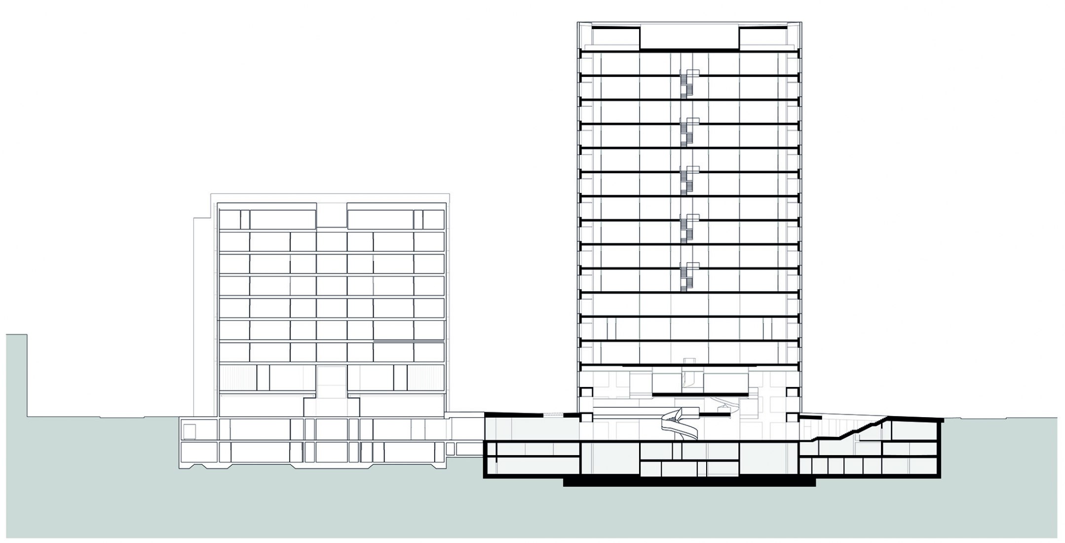 Sección. Edificio de investigación Biozentrum de la Universidad de Basel por Ilg Santer Architekten.