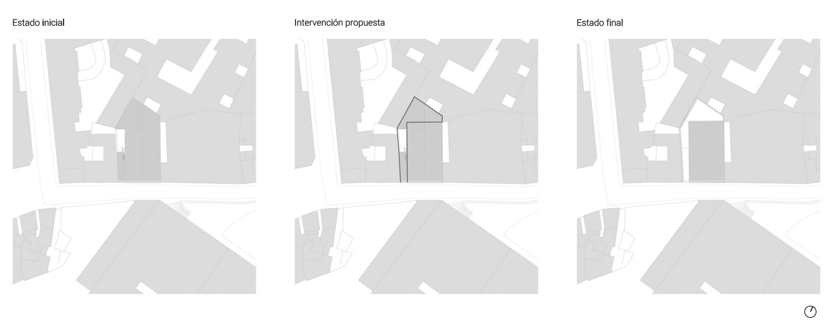 Initial plan, proposed intervention and final state. Housing in a Bodega de Jerez by Iniesta Nowell Arquitectos.