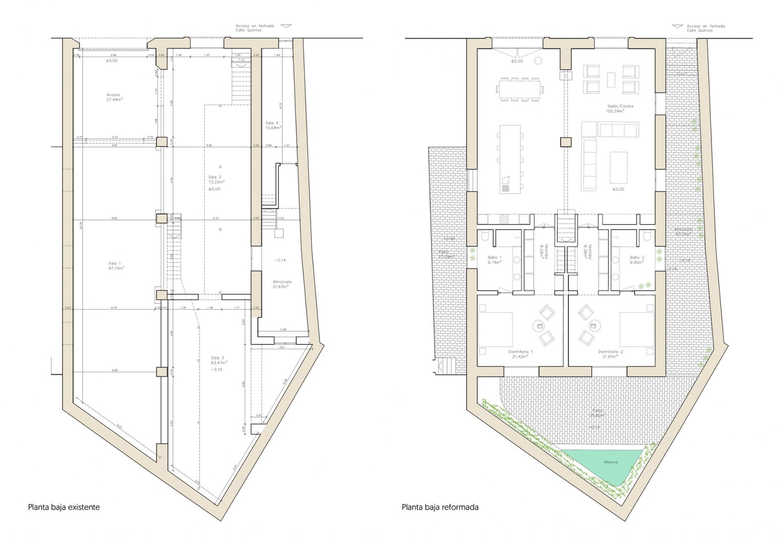 Existing and renovated ground floor plan. Housing in a Bodega de Jerez by Iniesta Nowell Arquitectos.
