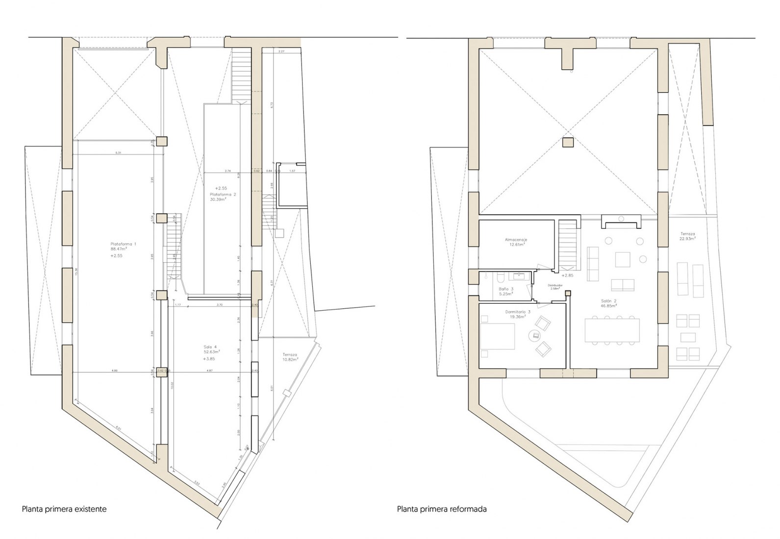 Existing and renovated first floor plan. Housing in a Bodega de Jerez by Iniesta Nowell Arquitectos.