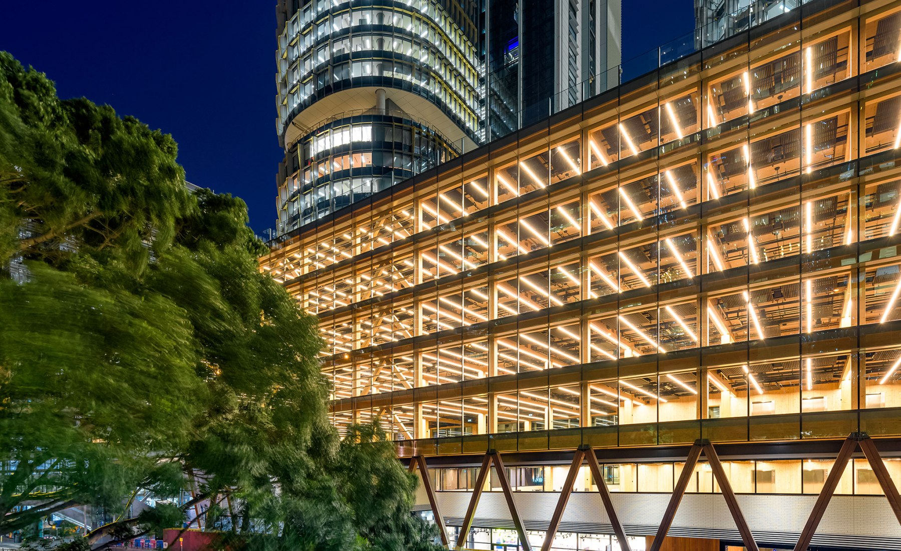 Vista exterior nocturna. International House Sydney por Tzannes. Fotografía Ben Guthrie