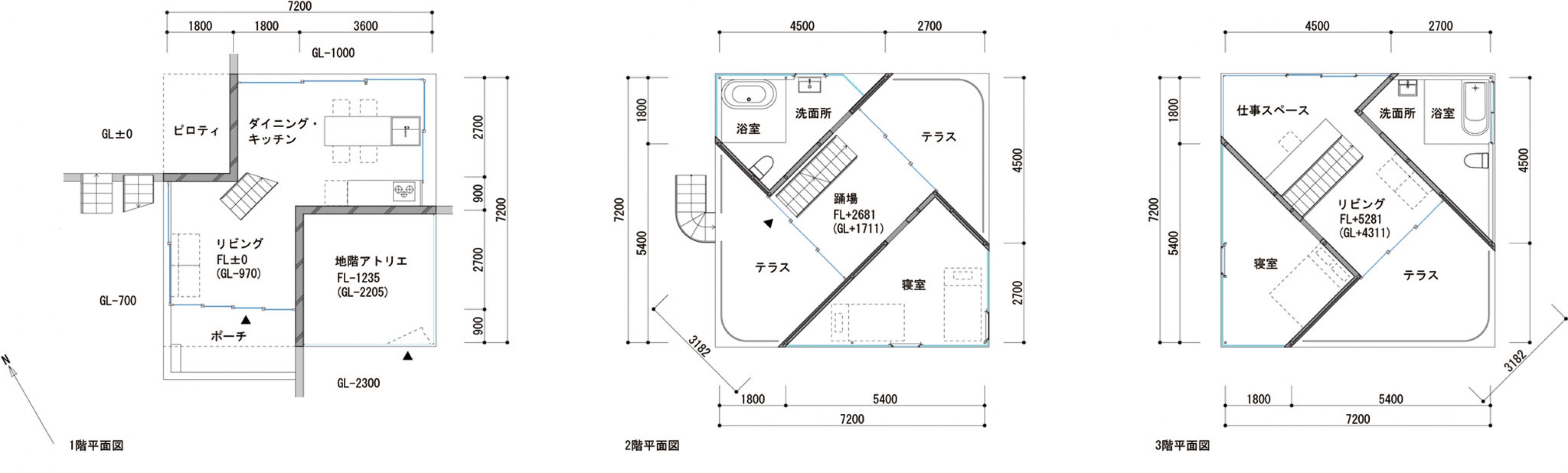 Ground, first and second floor plan. House in Ayamike by Ippei Komatsu Architects.