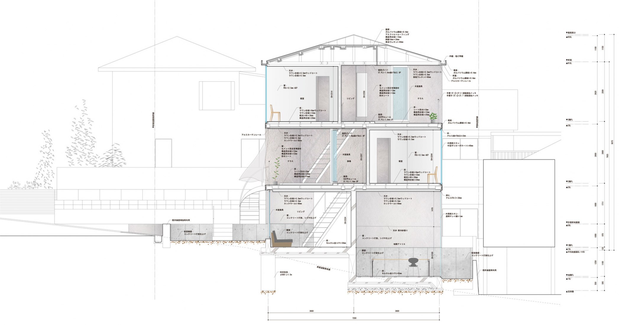Constructive section. House in Ayamike by Ippei Komatsu Architects.