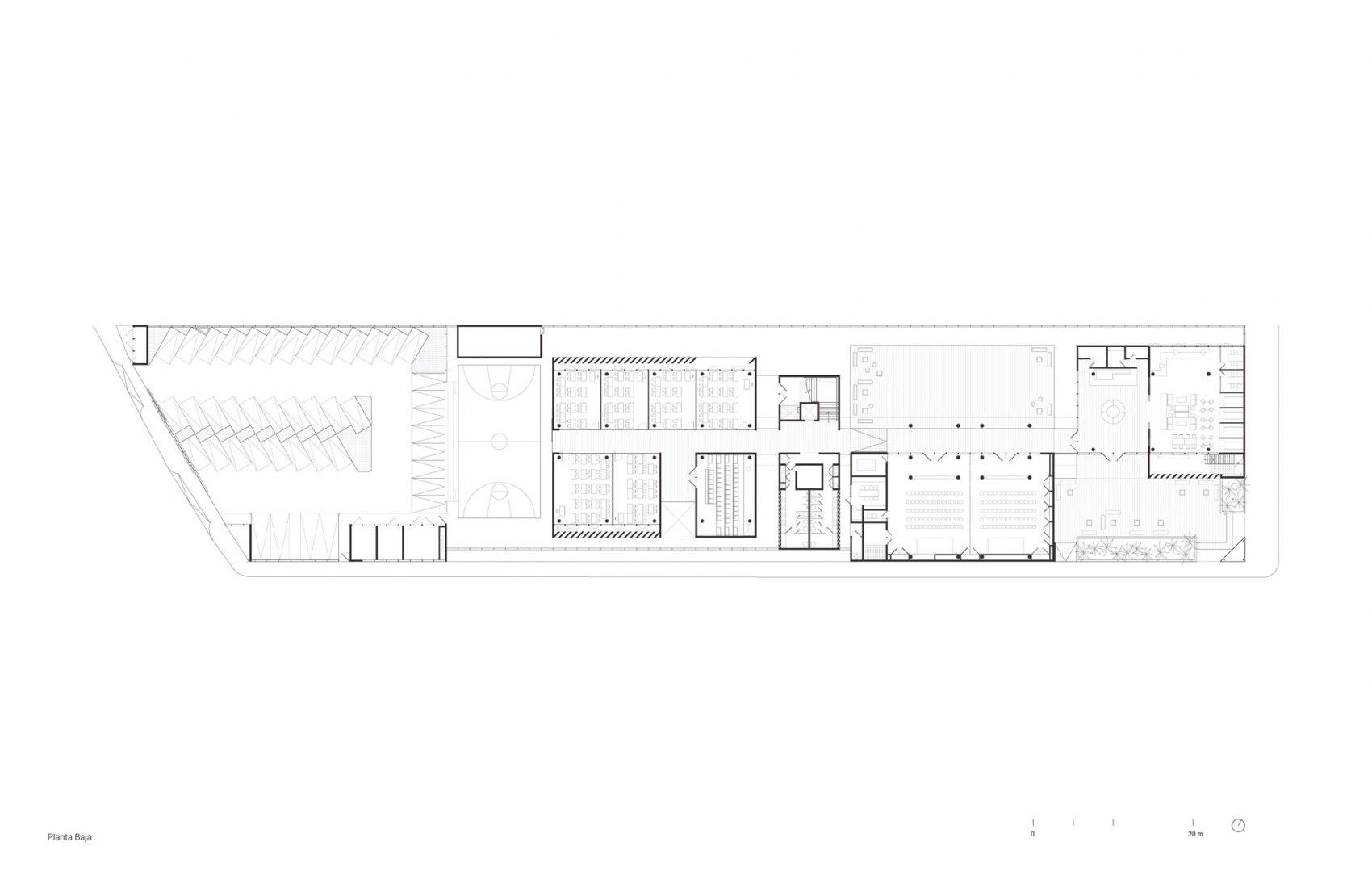 Planta baja. Escuela Bancaria y Comercial, EBC Campus Mérida por IUA Ignacio Urquiza Arquitectos.