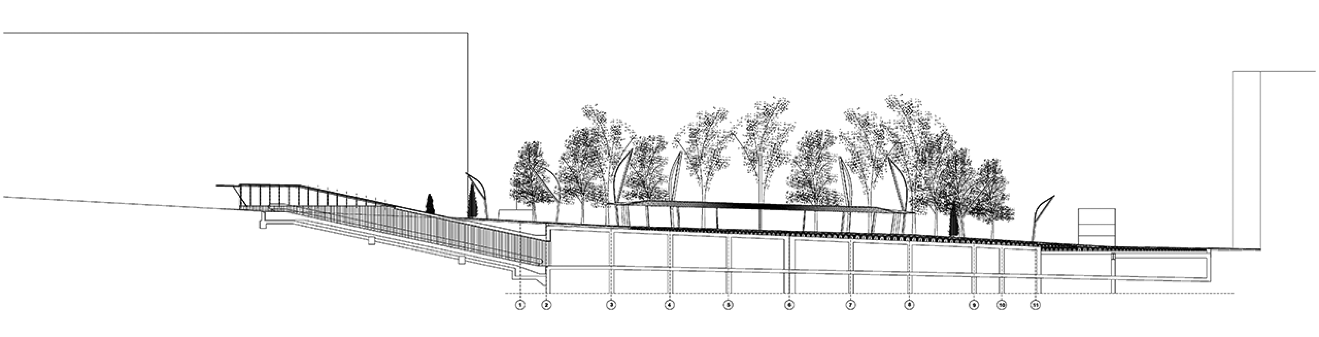 Sección longitudinal. Plaza Indautxu en Bilbao por JAAM sociedad de arquitectura.