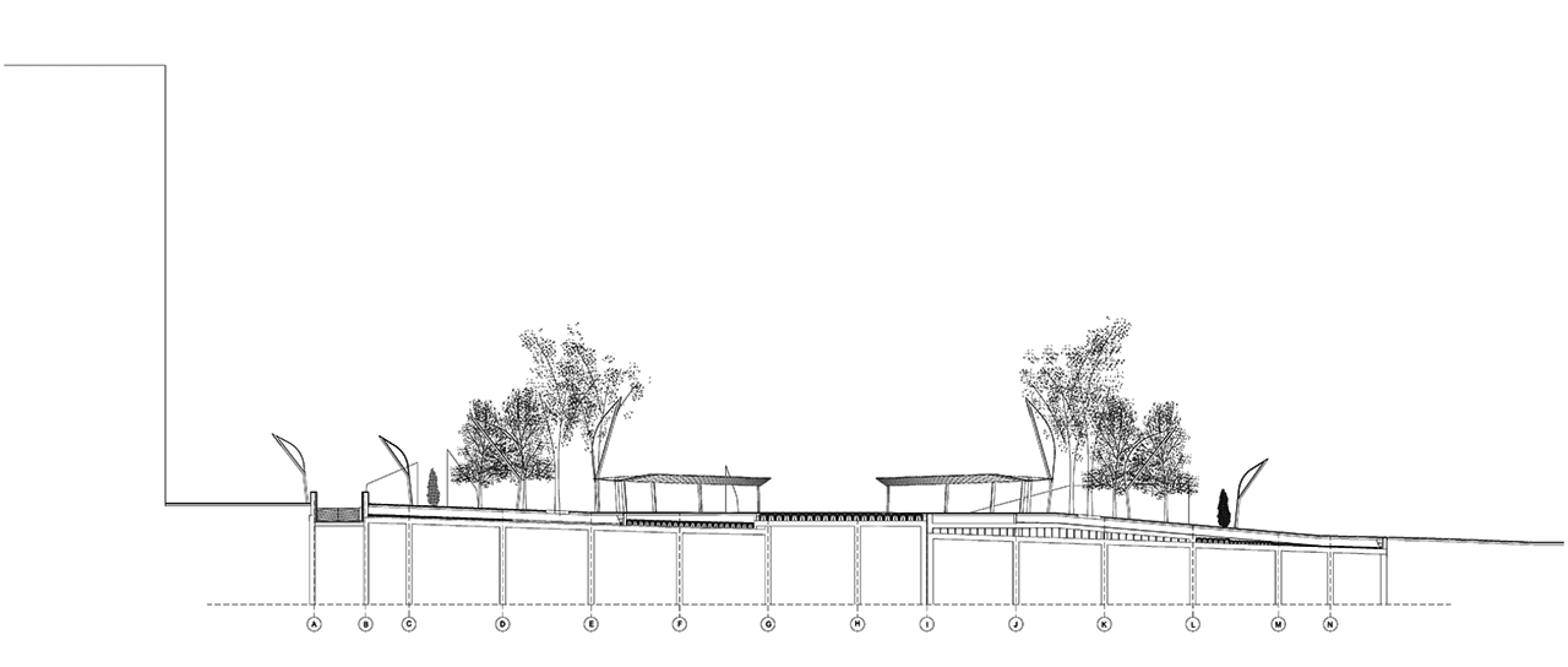 Sección transversal. Plaza Indautxu en Bilbao por JAAM sociedad de arquitectura.