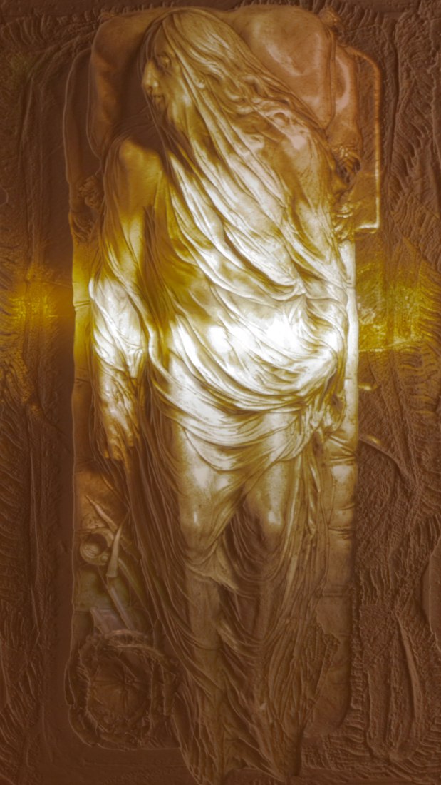 The Corporeal Audit por Mat Collishaw, 2012. Corian, acrílico, acero, iluminación, 170 x 90 x 16 cm. Imagen cortesía del artista y Blain Southern. 