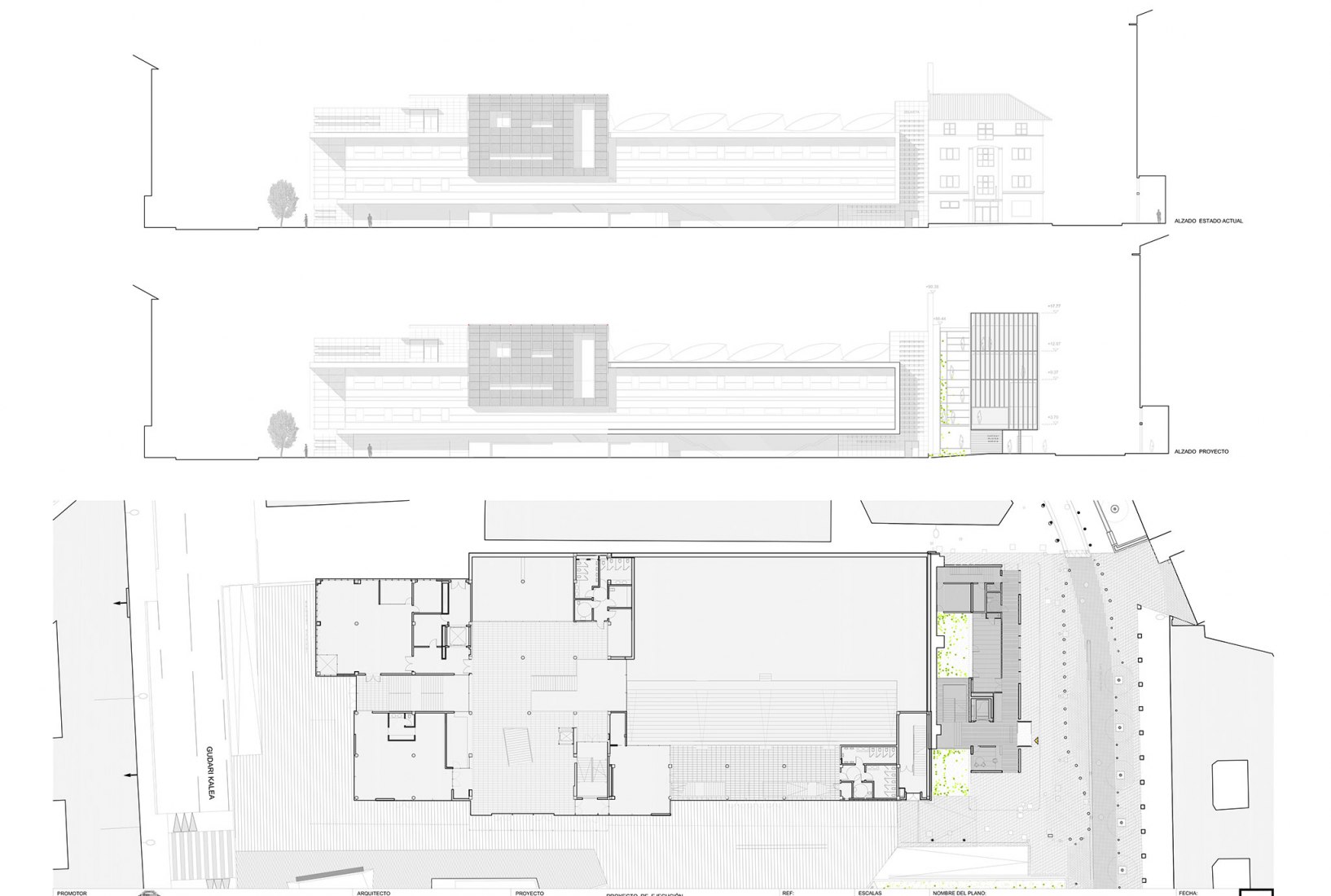 Site plan and elevations (previous state and project). New Zubiaur Music School by Javier de las Heras Solé