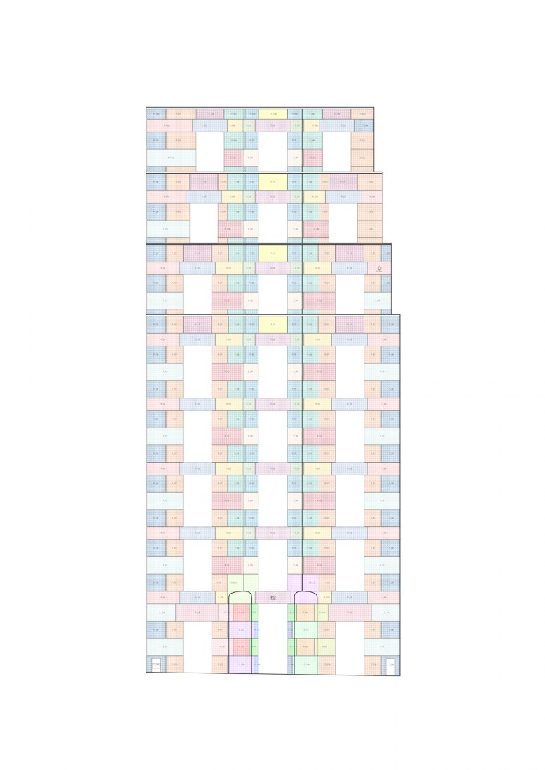 Stone diagram of façade. Section. 8 Social Housing and Nursery Extension by Jean-Christophe Quinton. 