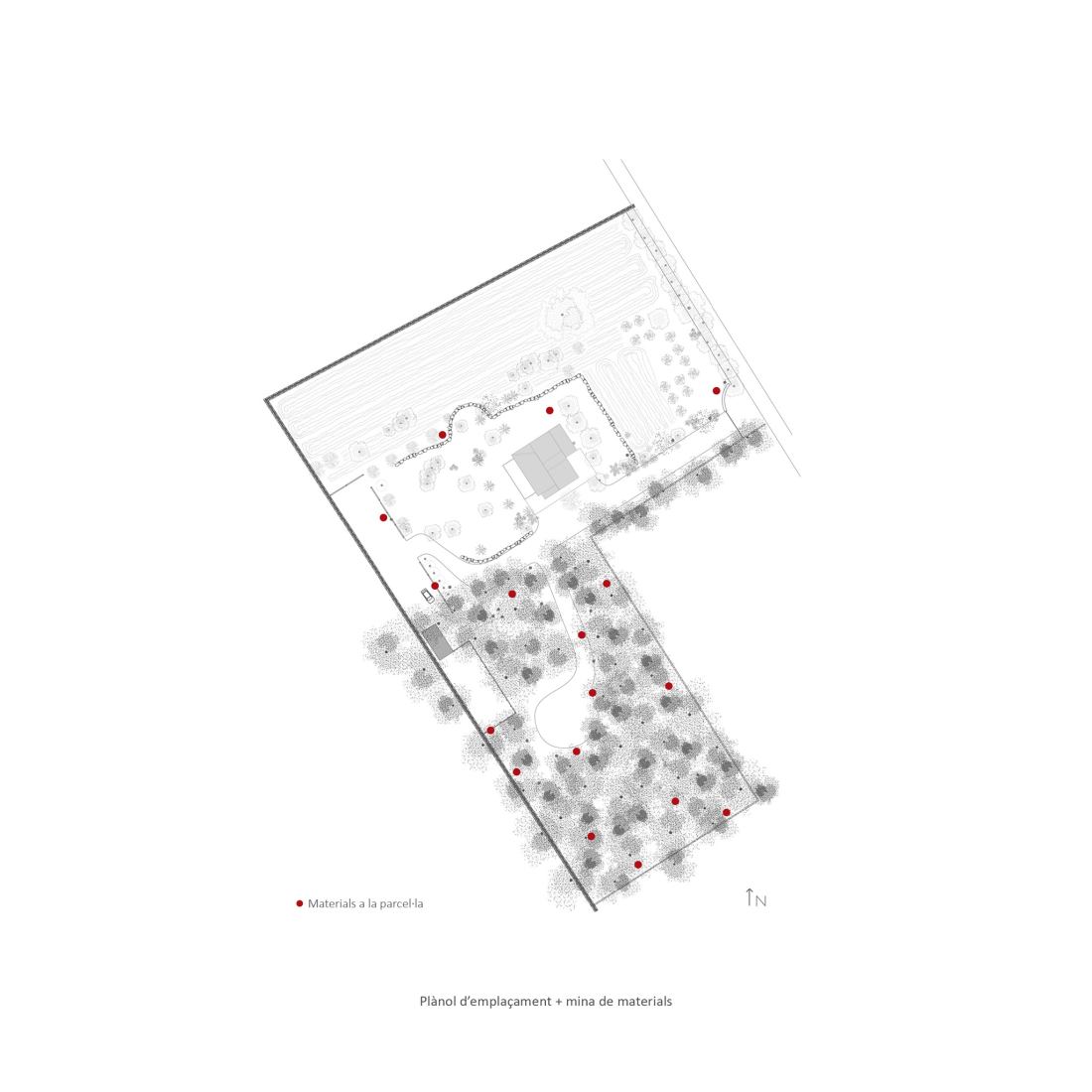 Site plan with materials mine. Design, build and inhabit a temporal refuge during the health emergency by Joan Martí Morro Capllonch.