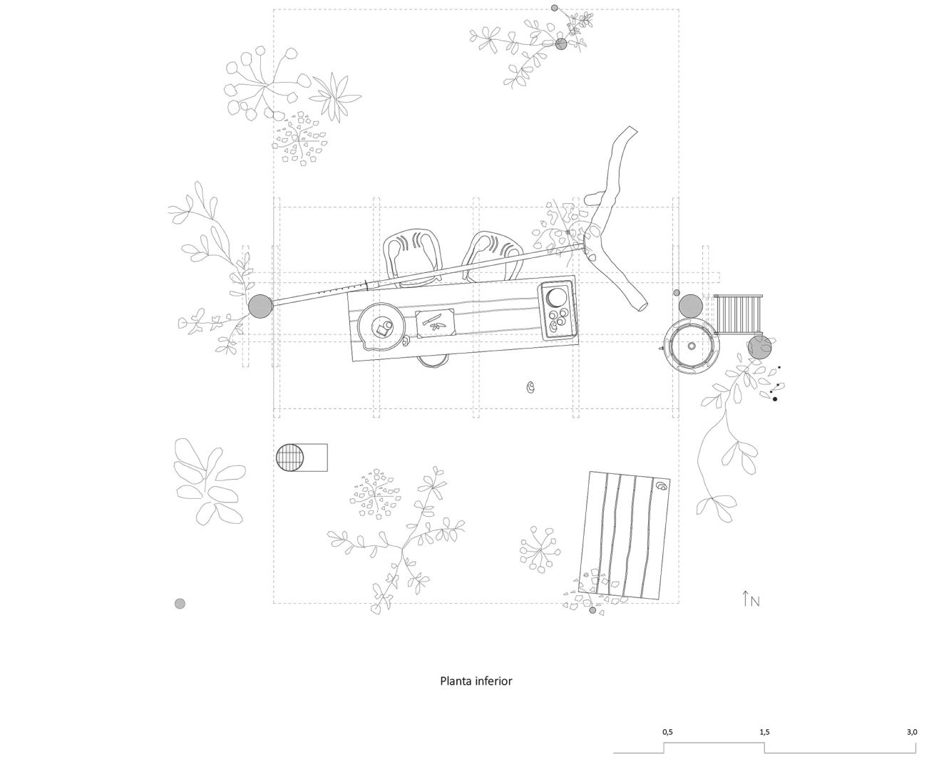 Lower floor plan. Design, build and inhabit a temporal refuge during the health emergency by Joan Martí Morro Capllonch.