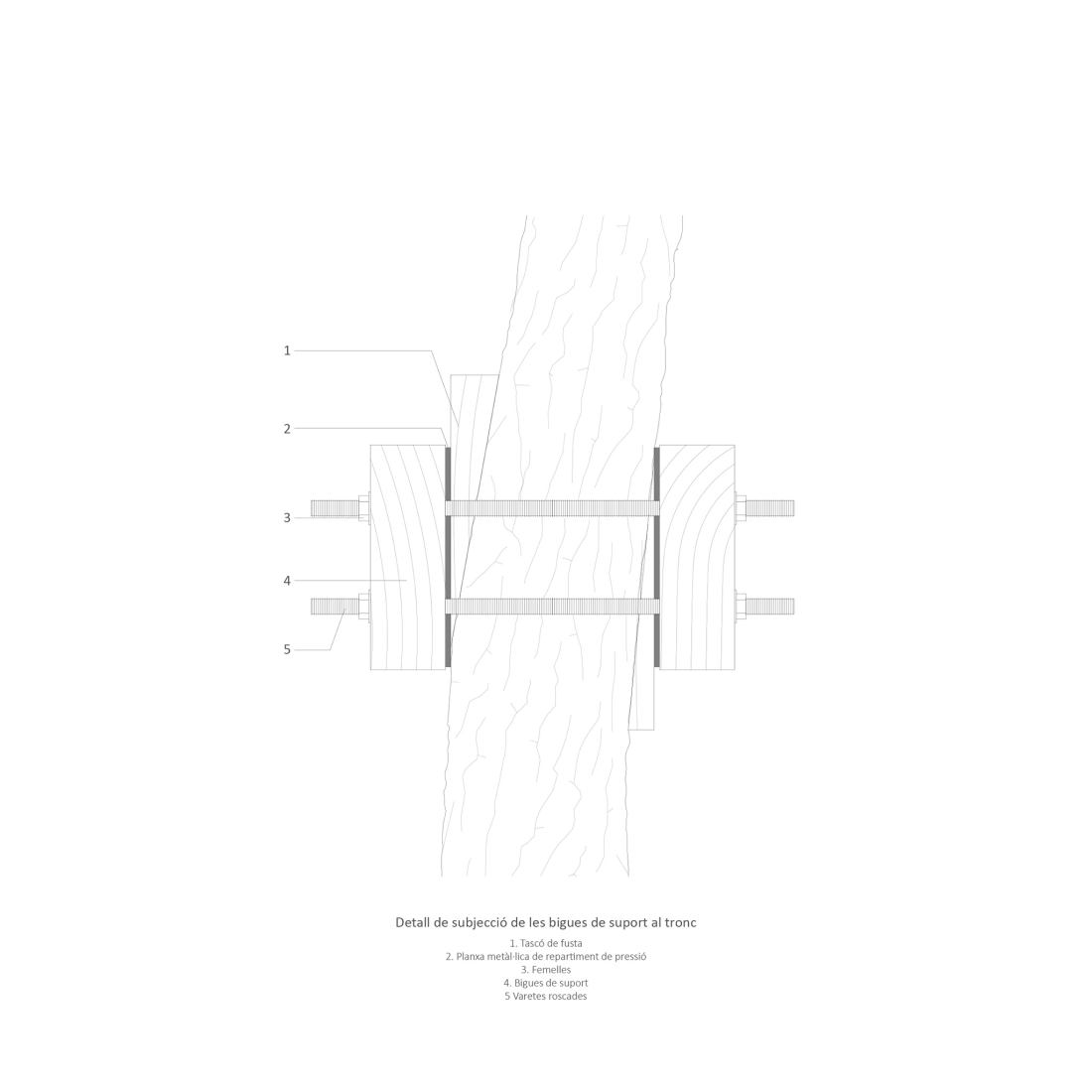 Detail of attachment of the support beams to the trunk. Design, build and inhabit a temporal refuge during the health emergency by Joan Martí Morro Capllonch.
