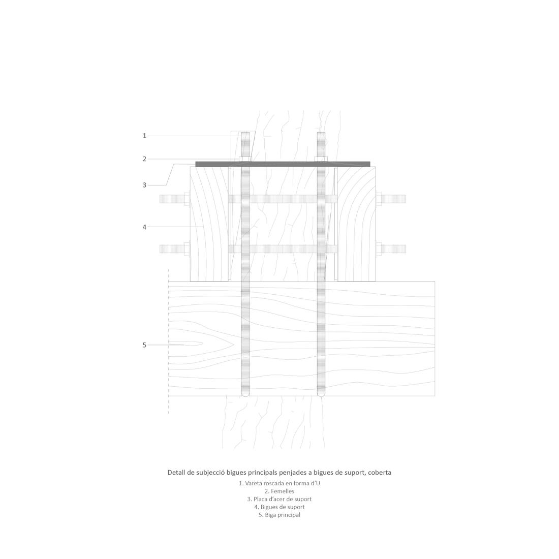 Detail of fastening main beams hung on support beams, roof. Design, build and inhabit a temporal refuge during the health emergency by Joan Martí Morro Capllonch.