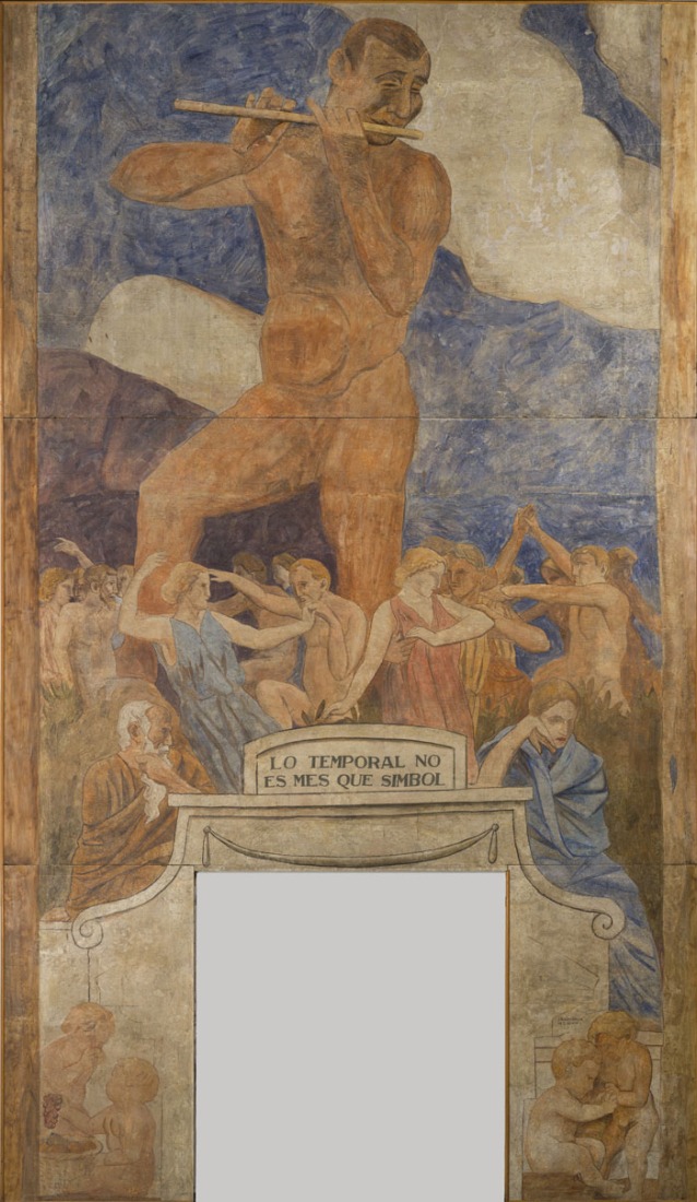 Lo temporal no és més que símbol por Joaquín Torres-García. 1916. Fresco transferido a lienzo, 575 × 331 cm. Generalitat de Catalunya Fons d’Art. © Sucesión Joaquín Torres-García, Montevideo 2015. Fotografía: Ramon Maroto. Centre de Restauració de Béns Mobles de Catalunya, CRBMC. Generalitat de Catalunya.