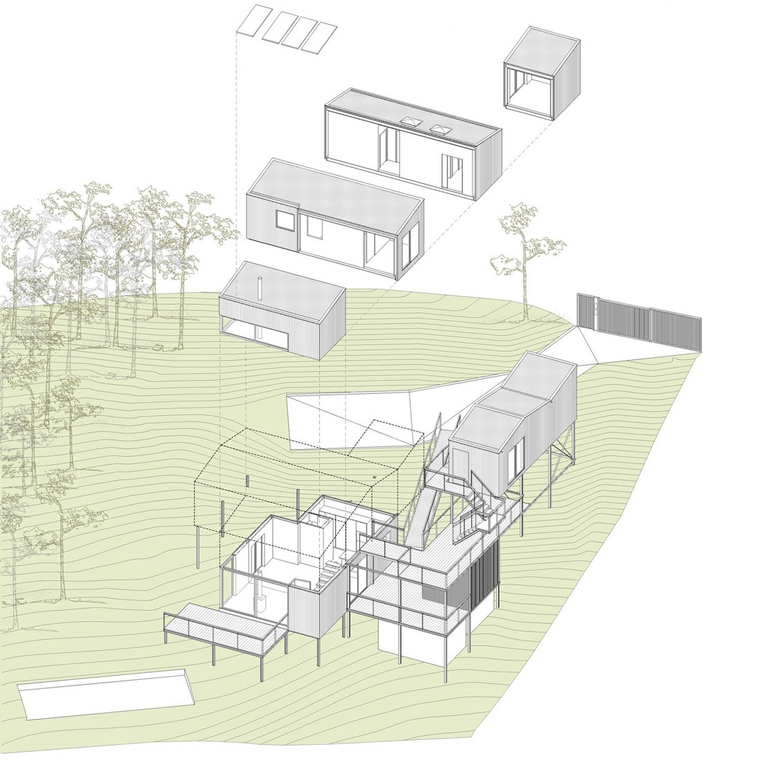 Axonometric. rNrH industrialized home by Juan Marco Arquitectos.