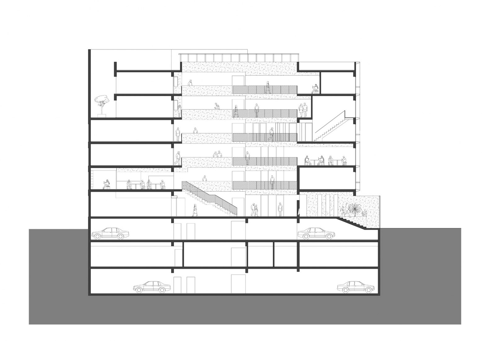 Longitudinal section. Atenea Building. Courtesy of K+M Arquitectos y Urbanismo