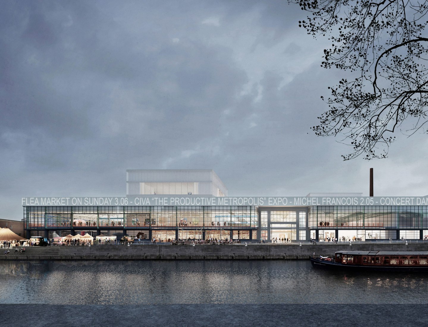 Night exterior view rendering. 'A Stage for Brussels' by NOA, EM2N and SBA. Image courtesy of NOA / EM2N / SBA