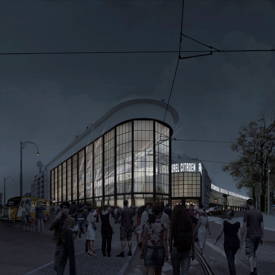 Night exterior view rendering. 'A Stage for Brussels' by NOA, EM2N and SBA. Image courtesy of NOA / EM2N / SBA