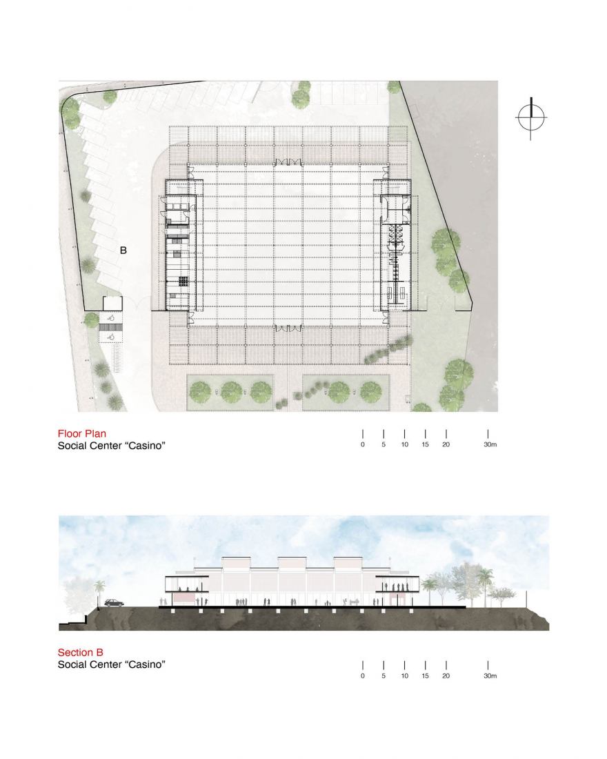Plano de planta y sección. Centro Social Casino y el Centro de Desarrollo Comunitario por KEN.