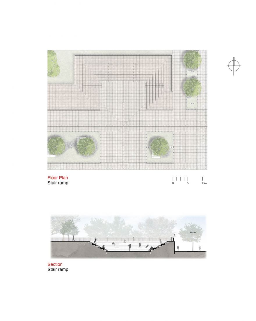 Plano de planta y sección. Centro Social Casino y el Centro de Desarrollo Comunitario por KEN.