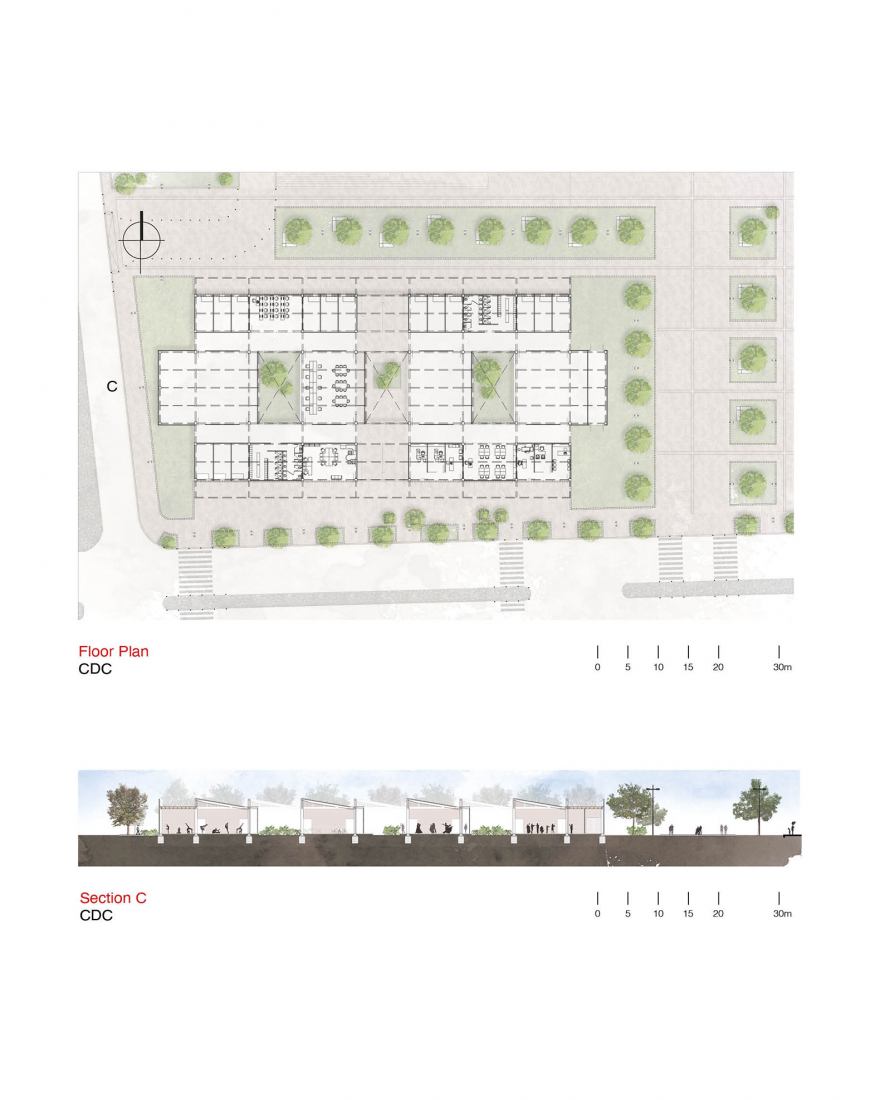 Plano de planta y sección. Centro Social Casino y el Centro de Desarrollo Comunitario por KEN.