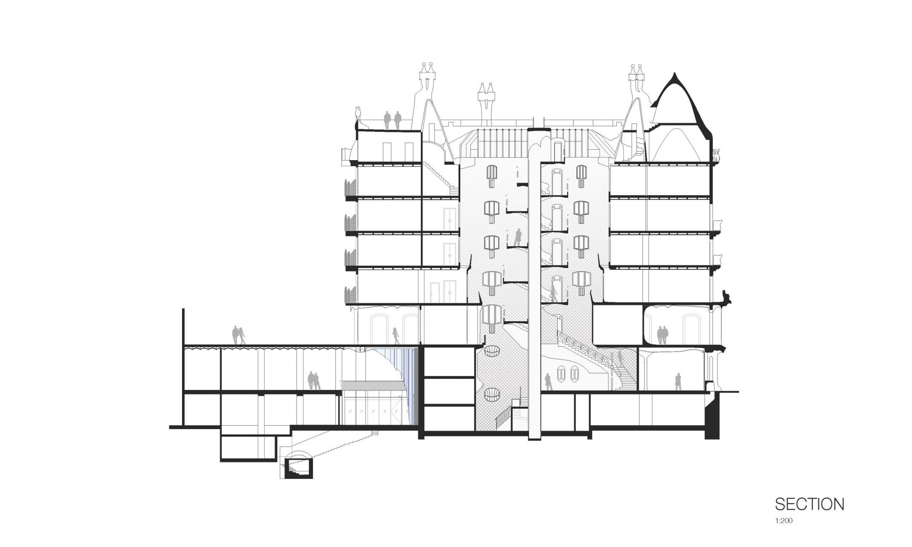 Section. Intervention on the final staircase of Casa Batlló by Kengo Kuma. Courtesy of Casa Batlló.
