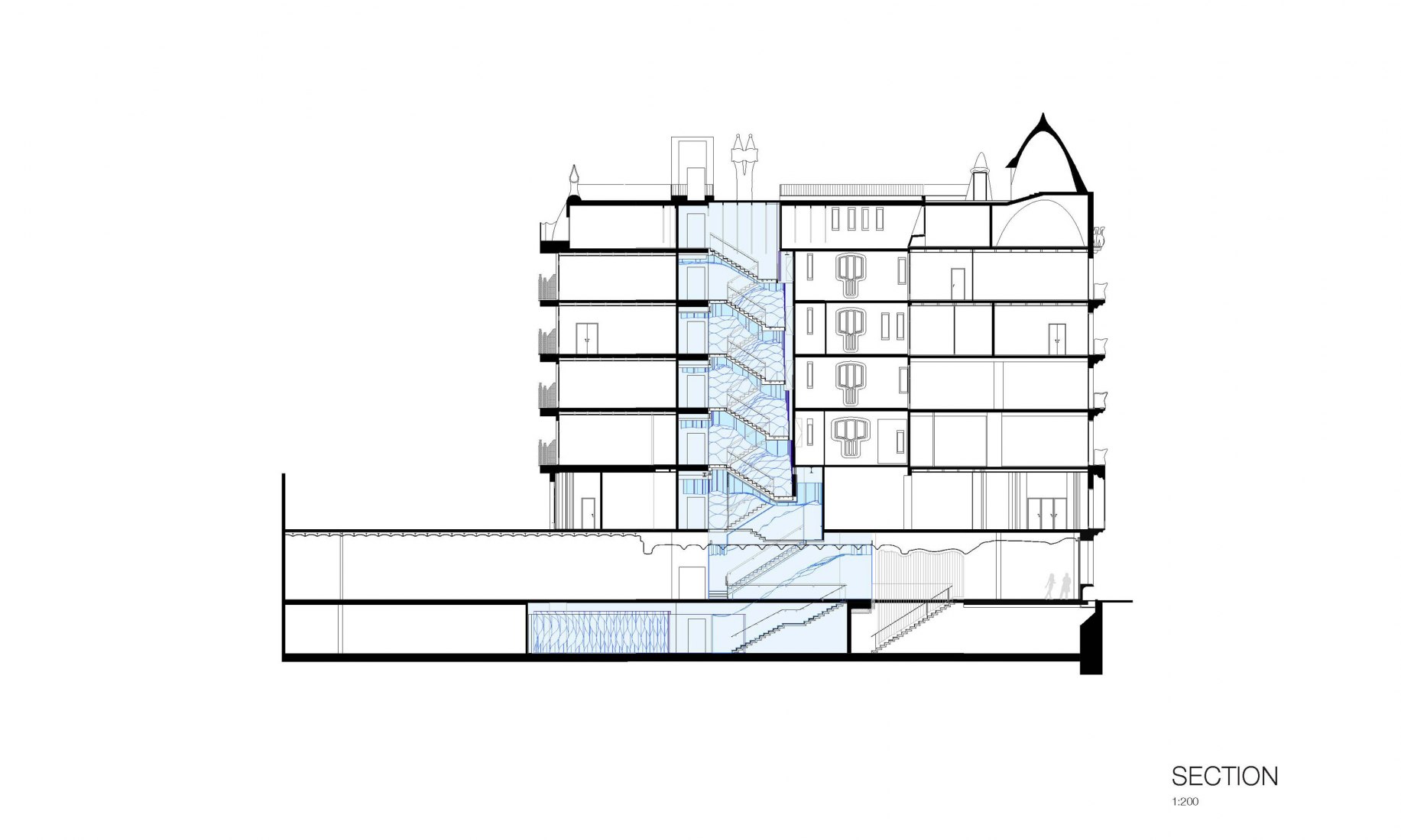 Section. Intervention on the final staircase of Casa Batlló by Kengo Kuma. Courtesy of Casa Batlló.