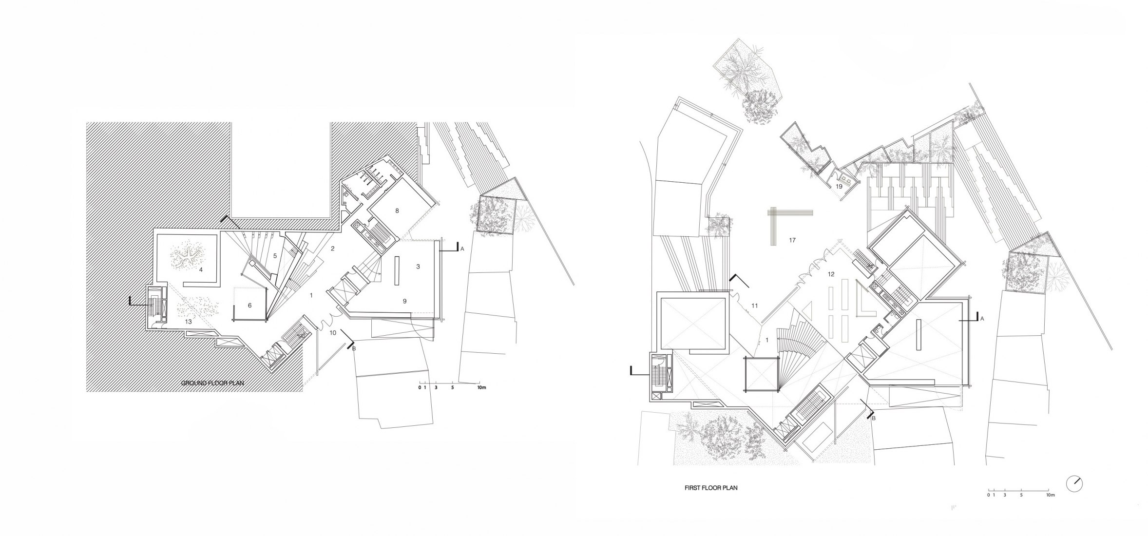 Ground and first floor plan. Odunpazarı Modern Museum by Kengo Kuma.