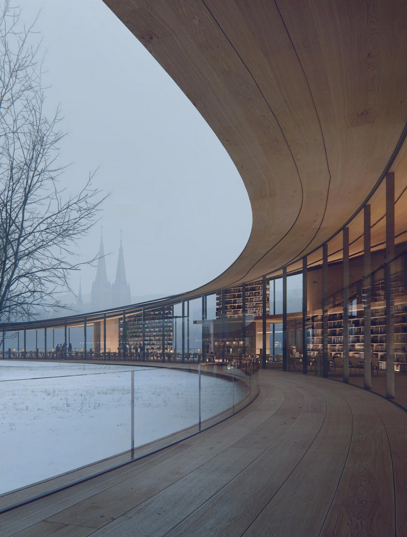 Nueva biblioteca Ibsen de Kengo Kuma & Associates y Mad Arkitekter. Visualización por Mir.
