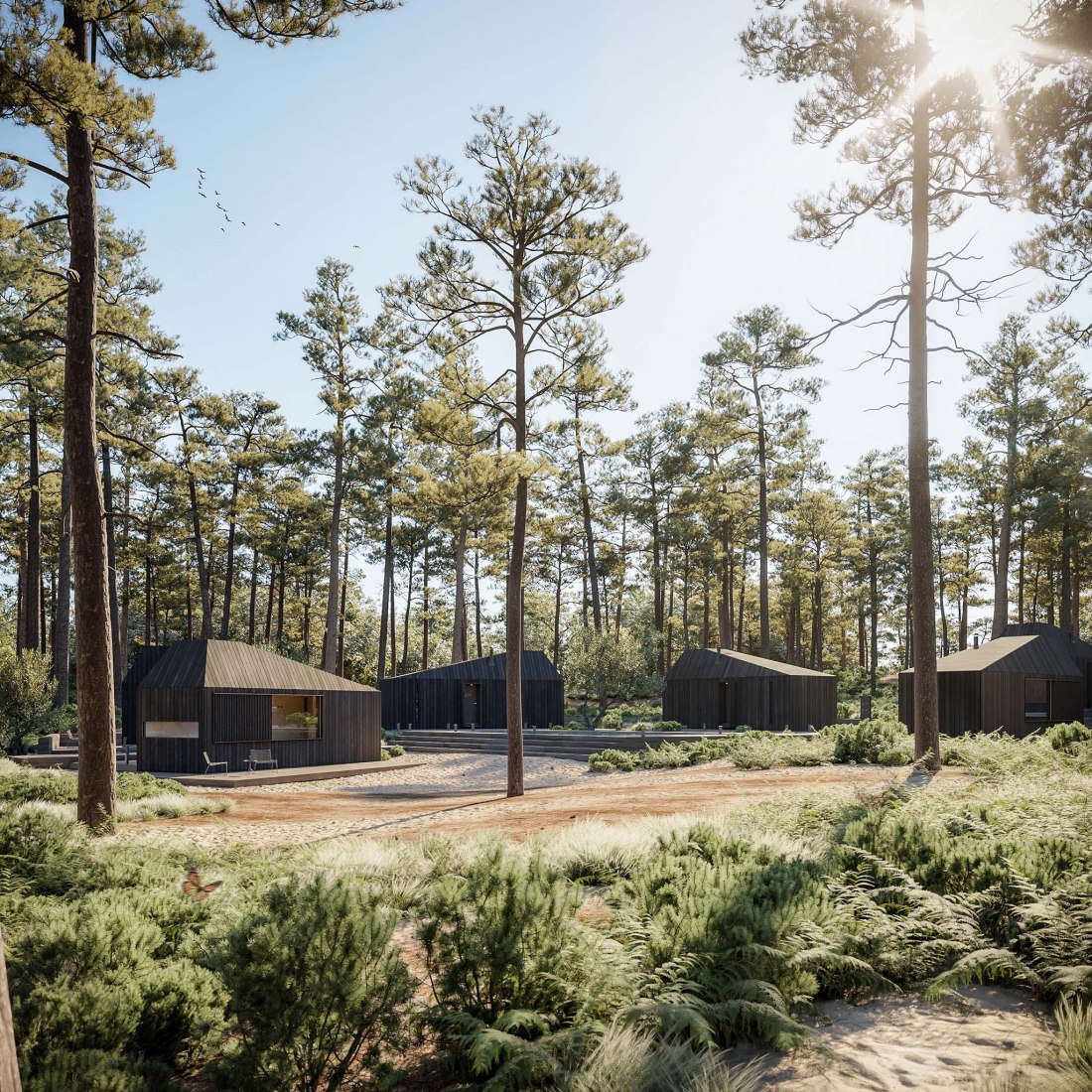 Hytte Cabins by Aylott & Van Tromp and Koto Design. Rendering by Merge Visualisation