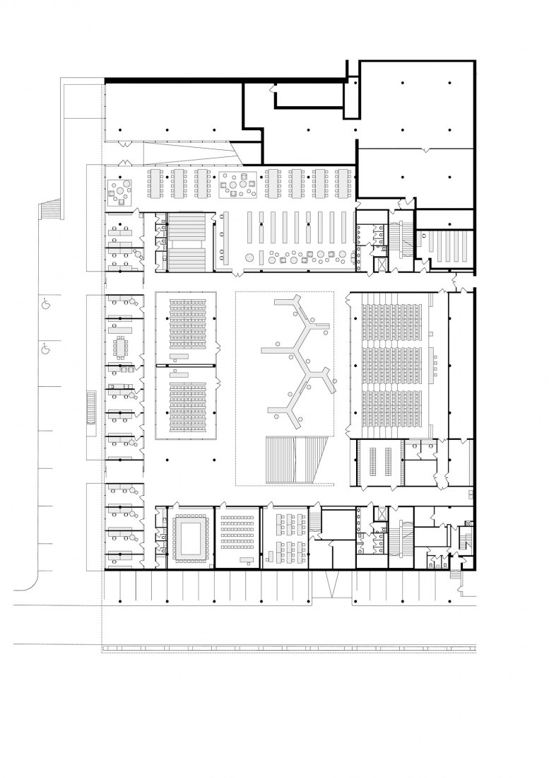 Ground floor plan. New Headquarters of the Faculty of Humanities, Charles University by Kuba & Pilař architekti. 