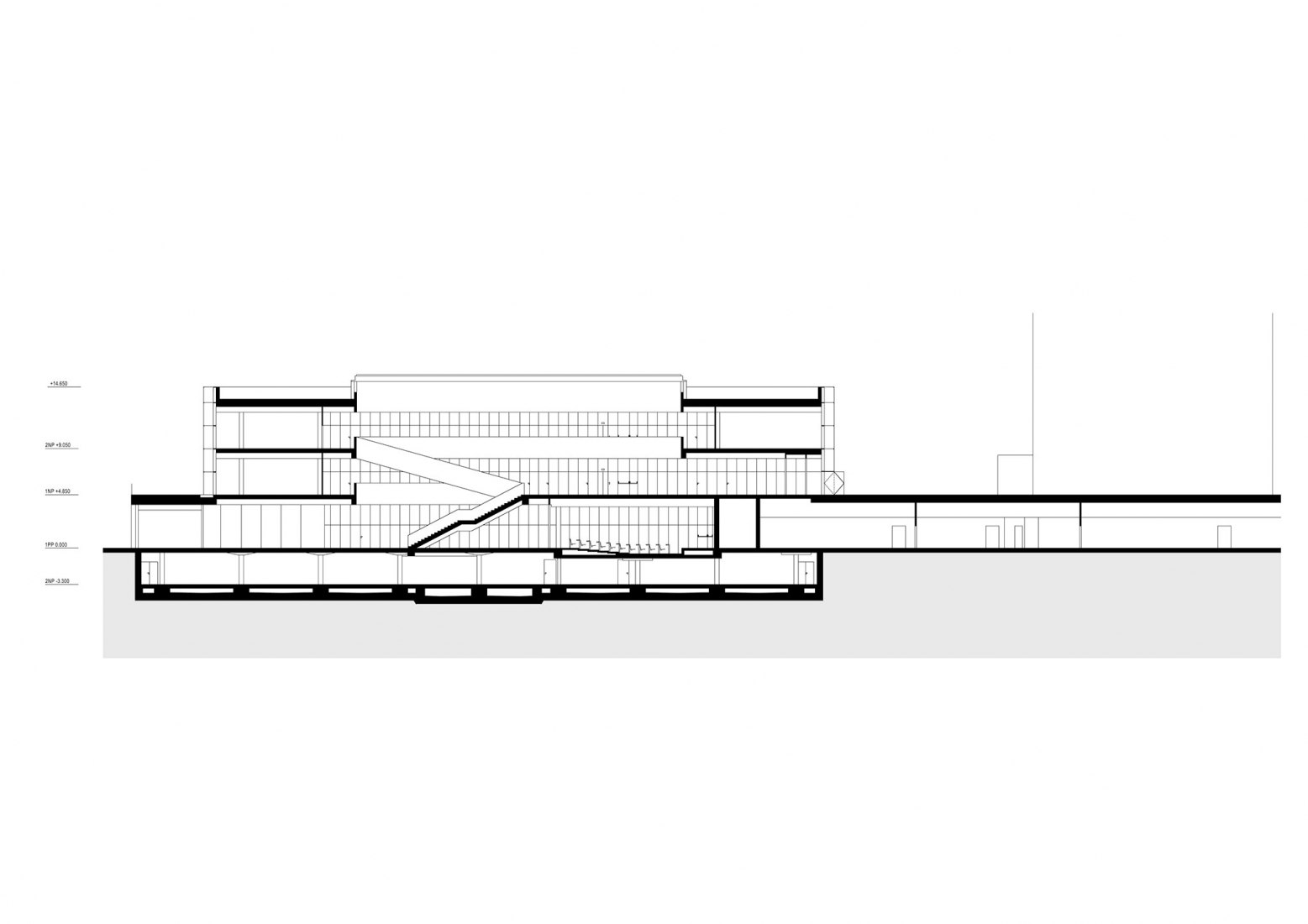 Section. New Headquarters of the Faculty of Humanities, Charles University by Kuba & Pilař architekti. 