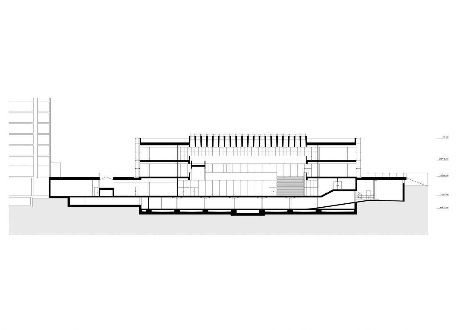 Section. New Headquarters of the Faculty of Humanities, Charles University by Kuba & Pilař architekti. 