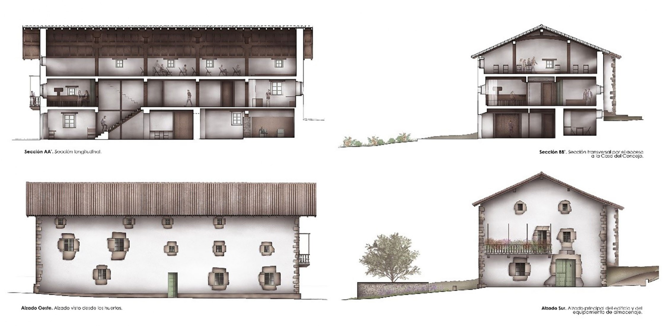 Sections and elevations. First prize. «Kulturarako Zubi» by Francisco Sánchez Salazar, Miguel Antonio García and Jesús Llanos Jiménez. Winning proposal Zubiri municipality.