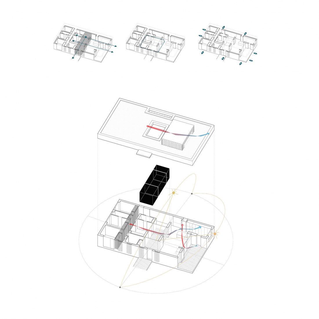 Diagrama axonométrica explotada de soleamiento, ventilación y accesos. Casa patio por Baum Arquitectura.