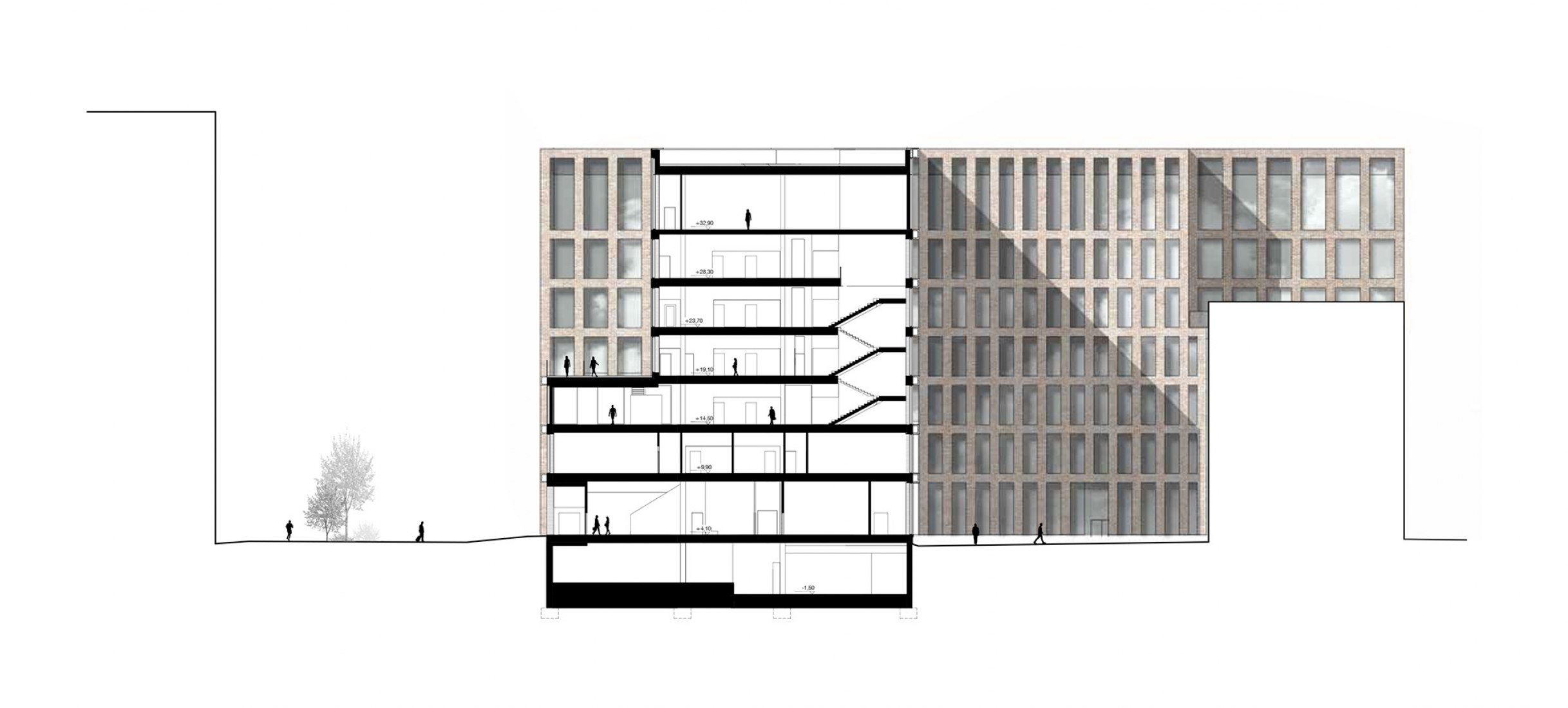 Section. Urban Environment House by Lahdelma & Mahlamäki Architects.