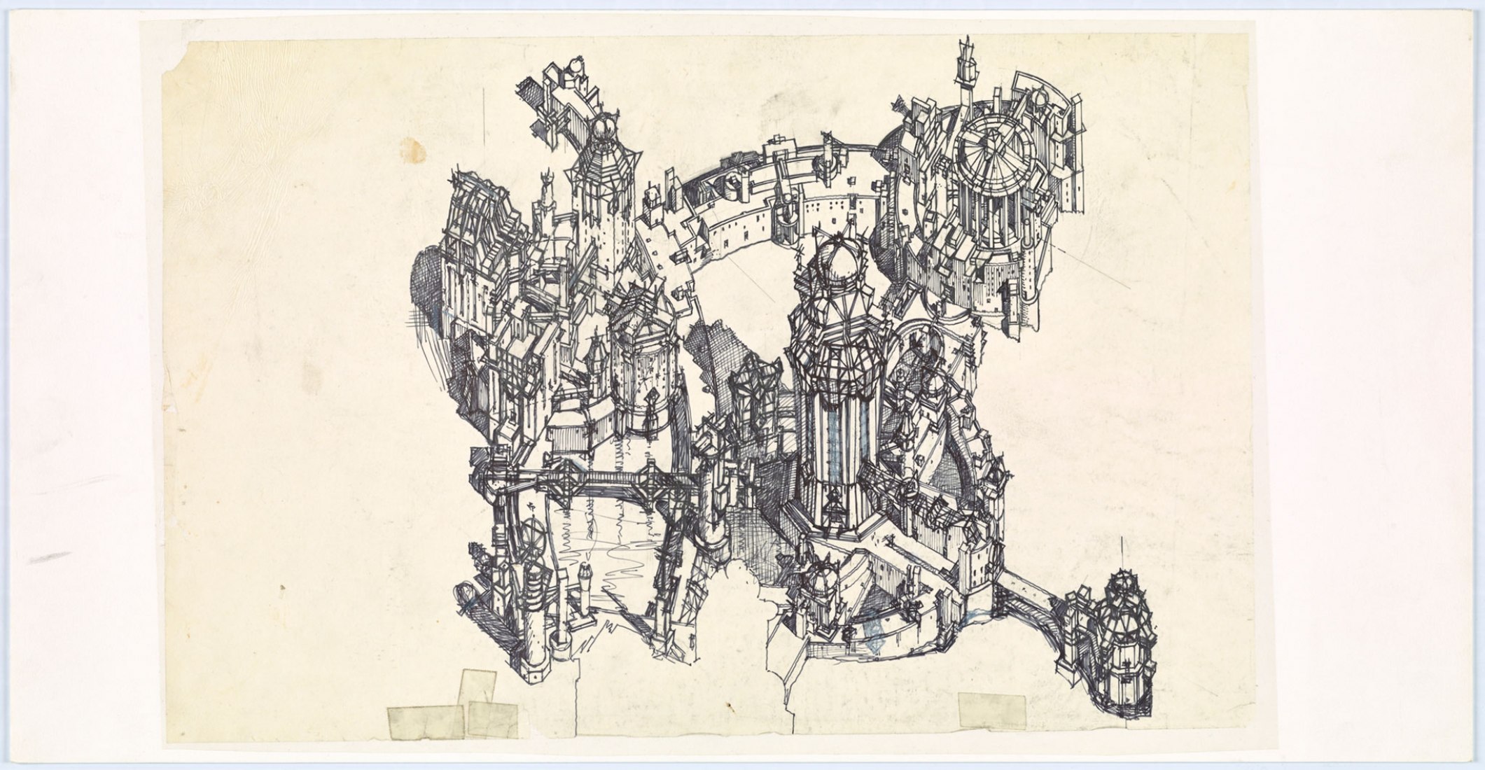 Drawing for A-City, Lebbeus Woods, ca. 1985–1986. Getty Research Institute, 2018.M.24. Acquired with partial support of the GRI Council. © Estate of Lebbeus Woods
