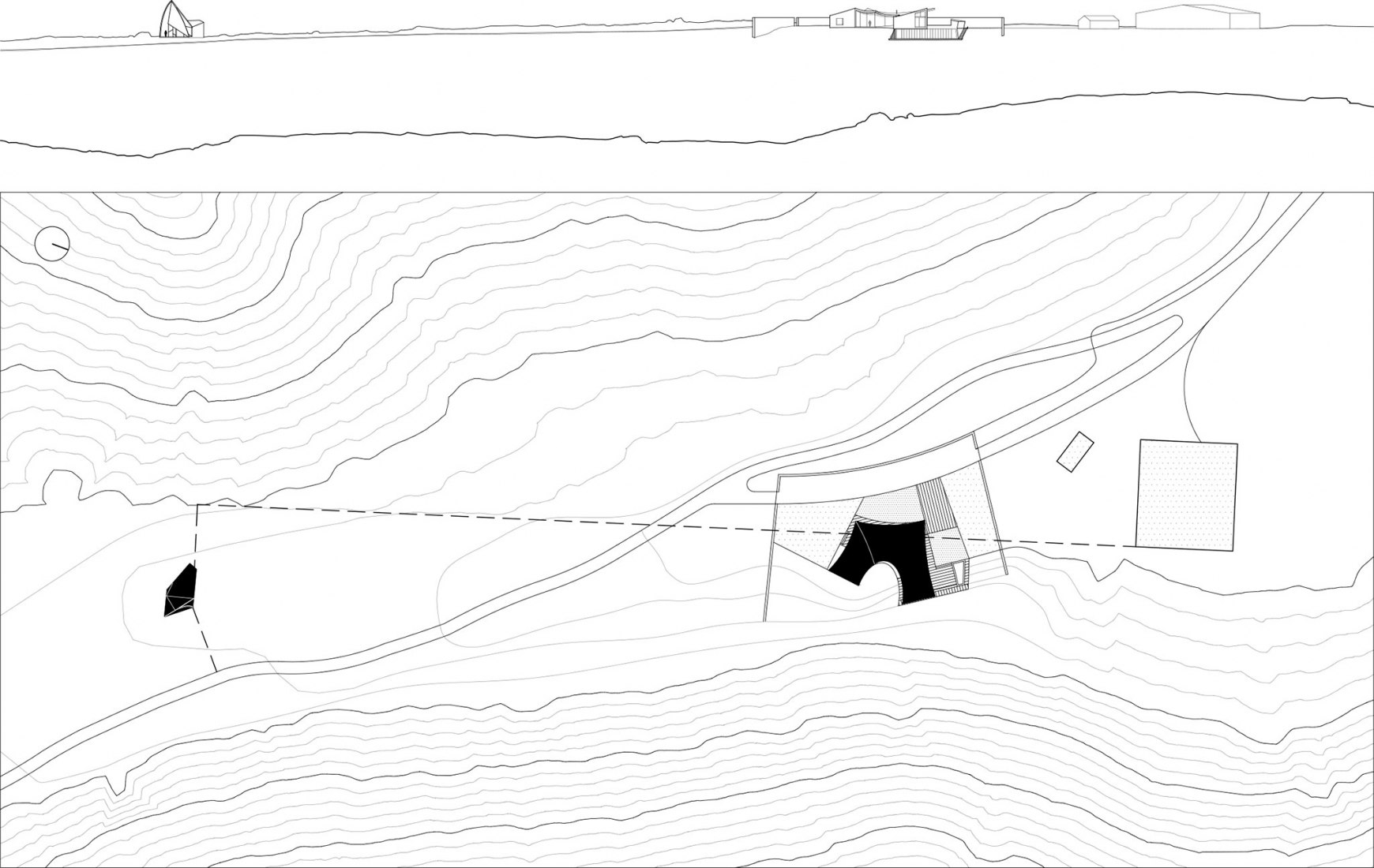 Site plan. Chapel in Sierra la Villa. Design by Juan Carlos Sancho, Sol Madridejos.